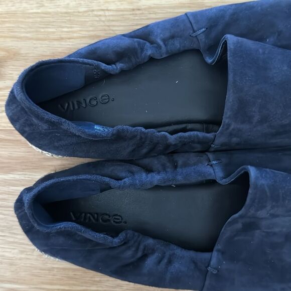 VINCE Womens Navy Leather Espadrille 37.5 Ruched Stretch Meryl Round Toe Slip On - Picture 8 of 11